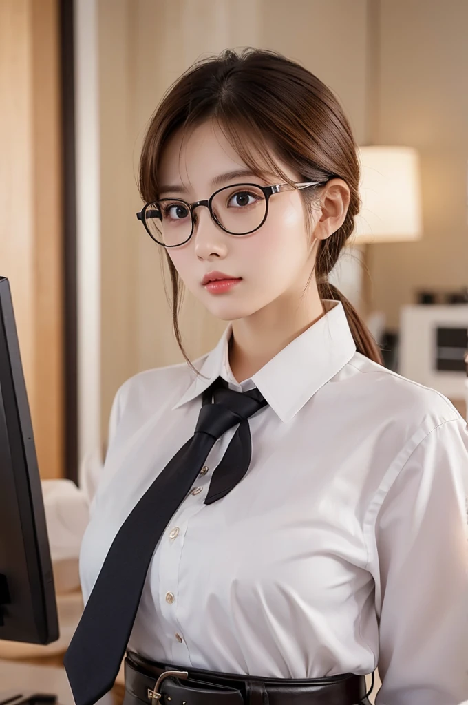 1girl, masterpiece, high_quality, office_uniform, glasses, brown_hair, white_shirt, black_necktie, cowboy_shot