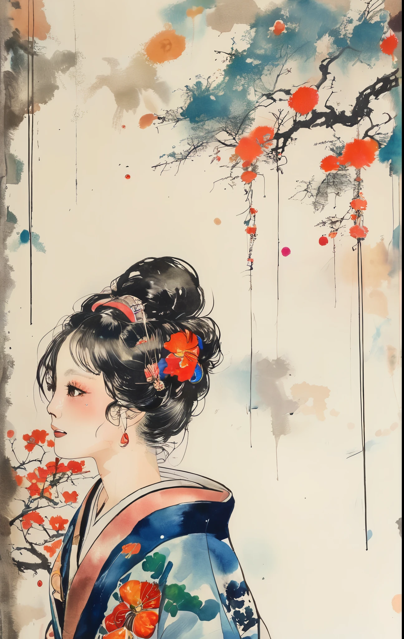A woman in a kimono、Simple Background、Look Up(Watercolor)(Blurred outline)(Vibrant colors)(Very delicate lines)(masterpiece)(A fantastic atmosphere)(Very high quality)(Three-dimensional painting)The Style of Kawanabe Kyosai