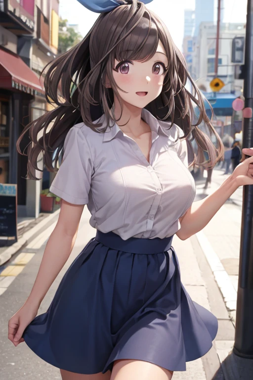 koganetsukioka, kogane tsukioka, (brown eyes:1.5), brown hair, hair tie, ponytail, BREAK bare legs, blue skirt, collarbone, collared shirt, miniskirt, shirt, short sleeves, skirt, tented shirt, tied shirt, tight clothes, tight shirt, white shirt, wing collar, BREAK looking at viewer, BREAK outdoors, BREAK (masterpiece:1.2), best quality, high resolution, unity 8k wallpaper, (illustration:0.8), (beautiful detailed eyes:1.6), extremely detailed face, perfect lighting, extremely detailed CG, (perfect hands, perfect anatomy),