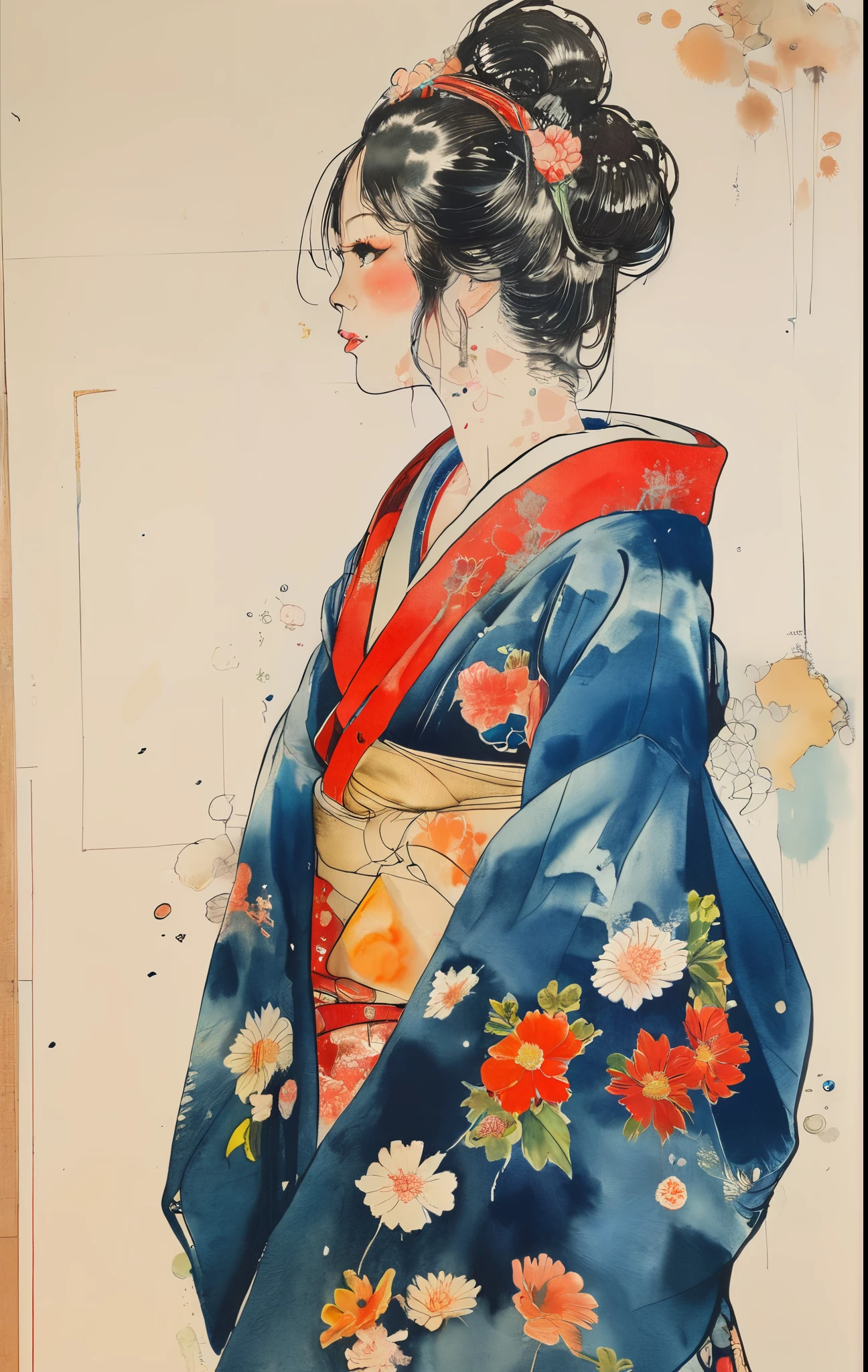 A woman in a kimono、Simple Background、Look Up（Watercolor）（Blurred outline）（Vibrant colors）（Very delicate lines）（masterpiece）（A fantastic atmosphere）（Very high quality）（Three-dimensional painting）The Style of Kawanabe Kyosai
