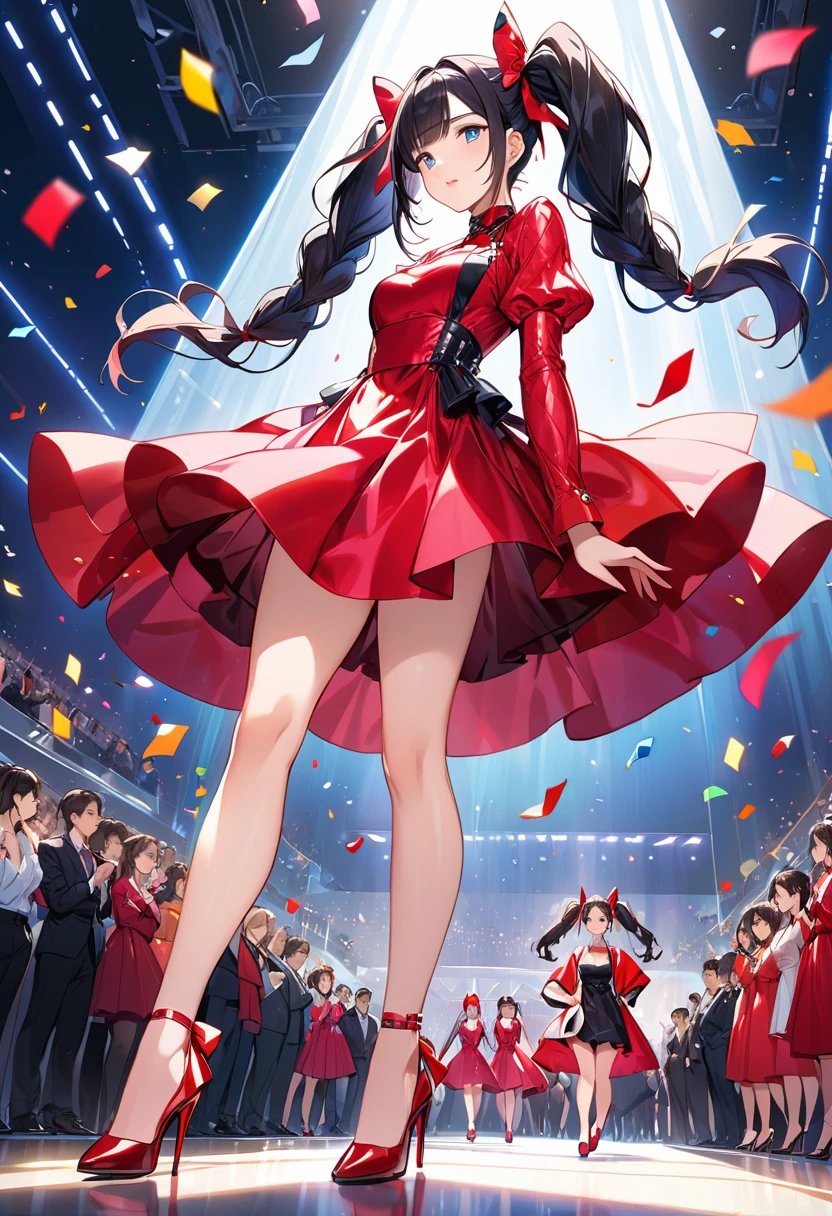 Highest quality、High resolution、Detailed Background、Beautiful face in every detail、Anatomically correct、Detailed facial expressions、fine grain、((full body, from below:1.3, side shot:1.3, looking away:1.5)), break　((One Girl))、Chibi Girl、Jet Black Hair、Big beautiful blue eyes、light makeup, tightly closed mouth、Fuller lips、Pink Lips、Cold look、Condescending gaze、Braided twin tails、break　(High gloss satin dress:1.3、Innovative and eccentric fashion:1.3、Design with a lot of exposed skin:1.3、High-glossy high heels、Walking briskly down the runway)、（The background is a runway surrounded by a large audience.、The audience went wild、A large amount of confetti is falling）