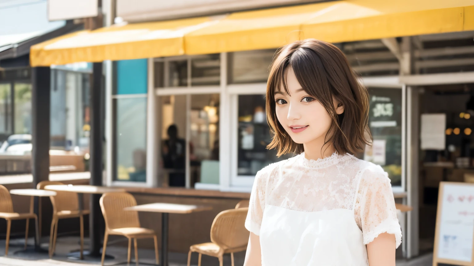 super high quality, smile, Slenderのネックレス, Slender, Gravure photoshoot, The staff is working at the counter in the back., (8k、RAW Photos、Highest quality、masterpiece:1.2), Japanese Idol, Stylish café, Fashion magazine photoshoot, (Realistic、Photorealistic:1.37), Mesh Hair, Urban Cafe, Golden Ratio, Raw photo, Cute face , Light Brown Hair, Small breasts, Bright cafe interior, Blurred Background, Beauty salon model, Summer clothes, Cafe Terrace, Open Cafe, Photographed inside the cafe, Hair blowing in the wind, Neat clothes, boyish, Very Short Hair, 18-year-old, Stylish clothes,