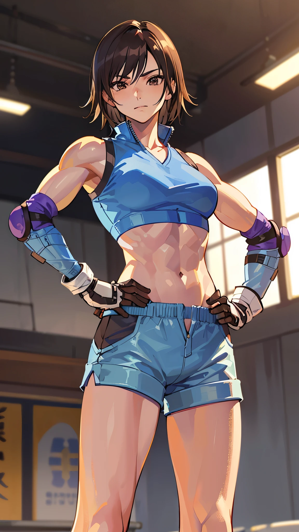 "(masterpiece、Premium Quality:1.2)、alone、1 girl(Kazama Asuka、Muscular Woman、Short brown hair、White skin、Brown eyes)、Cowboy Shot、A faint smile、Hands on hips、Tight clothing、Great for sports、Crop top、Shorts、(gloves:1.1)、internal、Elbow pads、abdomen、Trained abdominal muscles、Trained biceps