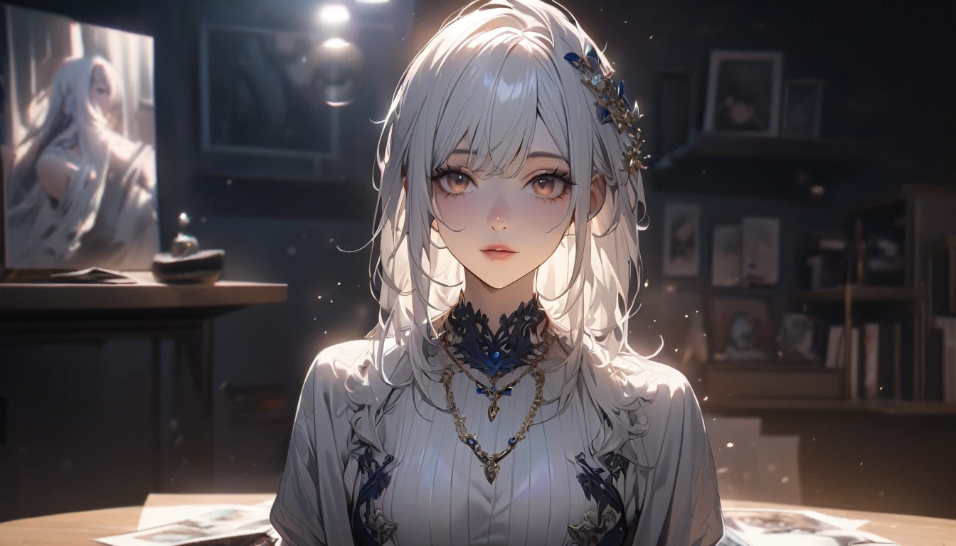 One person。mysterious。White Hair Girl。最high quality, masterpiece, High resolution, One girl, Porcelain Dress, hair accessory, necklace, jewelry, Beautiful Face, On the body, Tyndall effect, Realistic, Dark studio, Edge lighting, Two-tone lighting, (Skin with attention to detail: 1.2), 8k UHD, Digital SLR, Soft Light, high quality, Volumetric Light, Frank, photograph, High resolution, 4K, 8k, Background Blur,