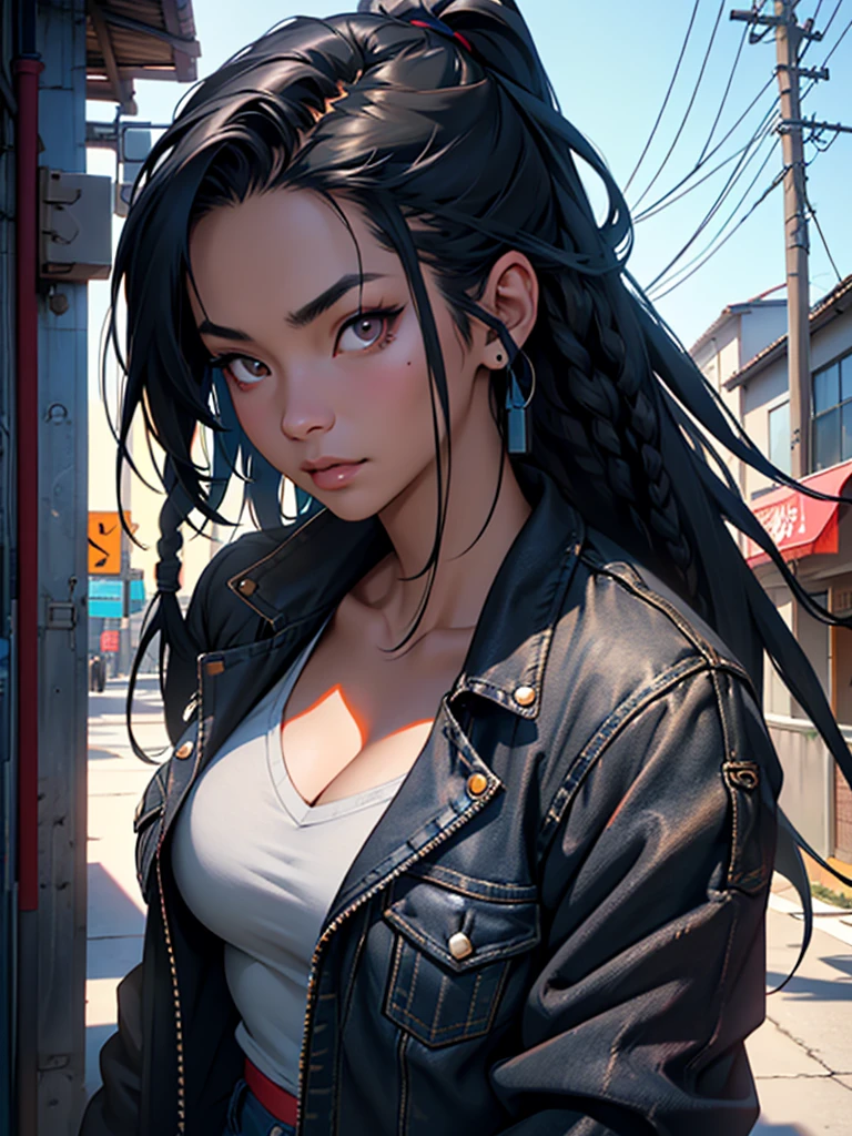 a beautiful asian-american woman with short black dreads,wearing black jean jacket and ripped jeans,detailed portrait,detailed skin,DD breasts,photorealistic,hyper detailed,masterpiece,award winning,cinematic lighting,dramatic shadows,vibrant colors,8k, ultra-detailed