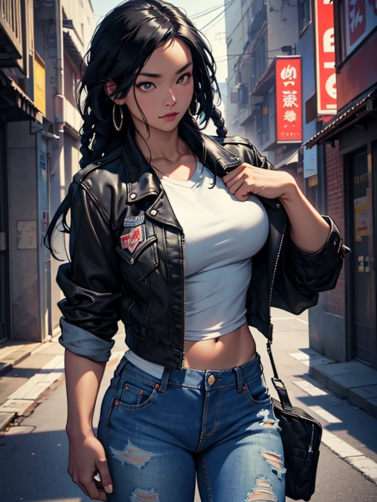 a beautiful asian-american woman with short black dreads,wearing black jean jacket and ripped jeans,detailed portrait,detailed skin,DD breasts,photorealistic,hyper detailed,masterpiece,award winning,cinematic lighting,dramatic shadows,vibrant colors,8k, ultra-detailed