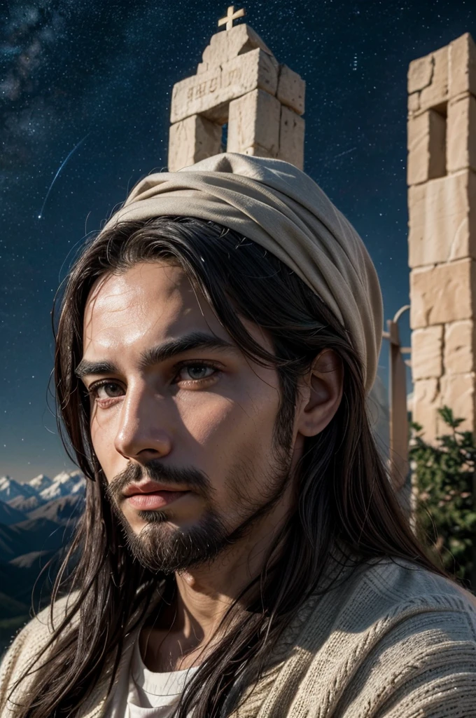 JesusChrist, looking directly at the camera, is a man of Semitic descent. He looks like a very religious man, as religious as possible. Ele está looking directly at the camera. The environment around Jesus may include natural elements such as towering mountains in the background or a starry sky., adding a sense of majesty and grandeur to your figure.