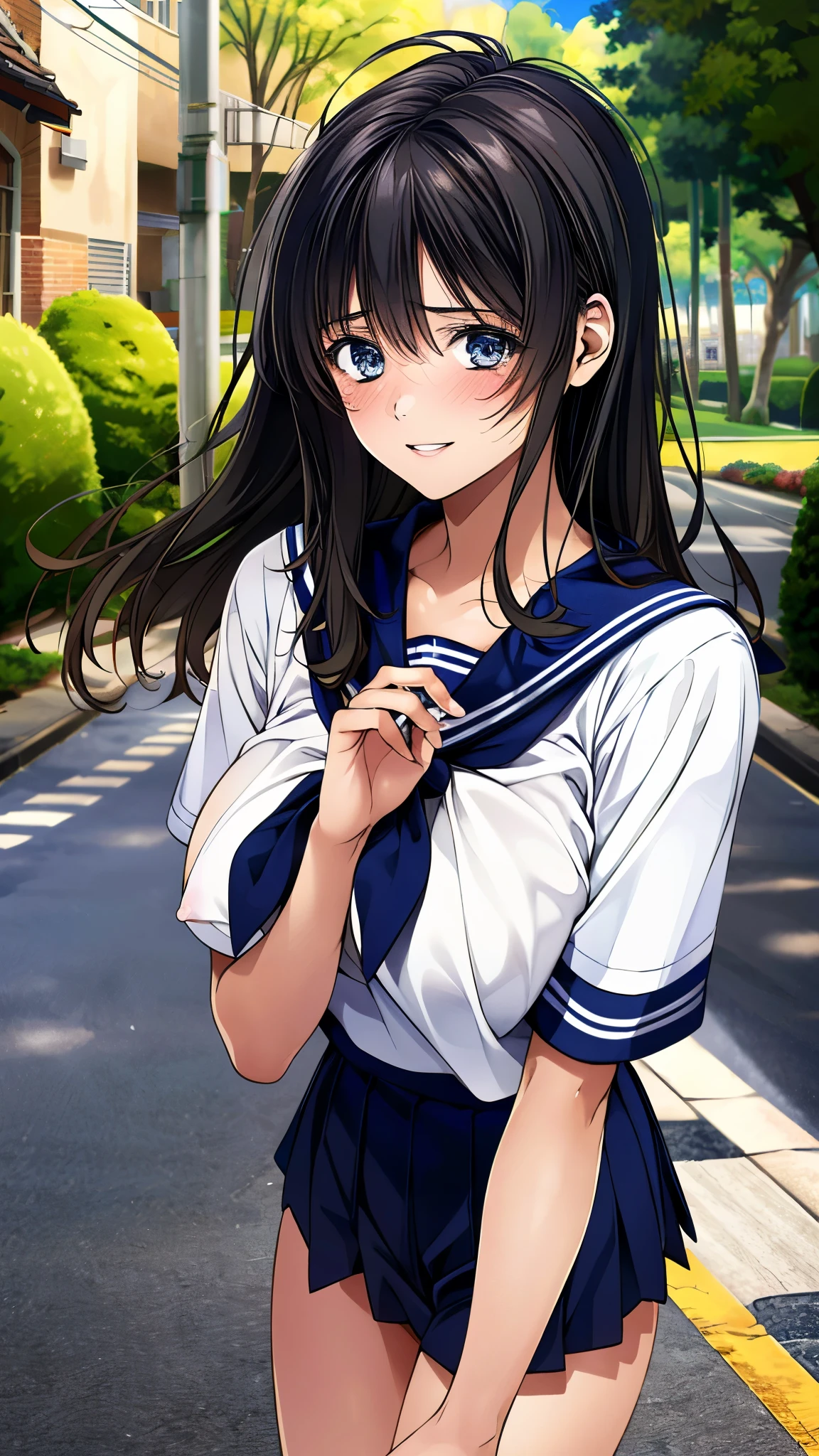Anime girl in a sailor outfit standing on a street corner - SeaArt AI