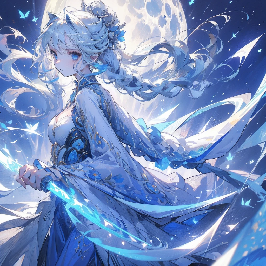 girl, White long hair,Blue eyes, big eyes,droopy eyes, With blue flower corsage ,Slender body,small breast ,long sleeve dress,night,fullmoon