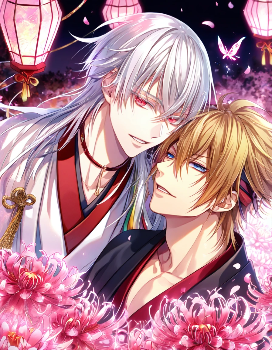 absurd resolution, high resolution, ultra detailed, detailed eyes, extremely detailed, HDR, 8K, Kazama Chikage, honey blonde hair, expressive red eyes, Hakuouki, Tsurumaru Tenka, white hair, expressive blue eyes, white eyelashes, two sexy men together, yaoi, gay couple, handsome, black haori, white kimono, red collar, fantasy, cool, magical, pink glittering butterflies, pink dust flying around, pink spider lilies, pink petals, pink lanterns, Japanese ambiance, cherry blossoms