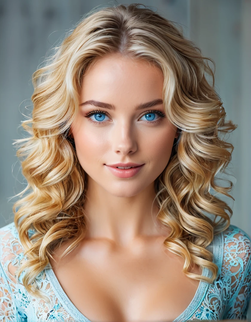 A cinematic film still portrait of a daydreaming 23-year-old woman with blue eyes, captured from the corner of the eye, featuring long wavy golden sandy hair, set against a bright and cozy interior that's ultrarealistic with gray wood. Her open full auburn lips, imperfect skin, and the sharp details of her features are accentuated by tilt-shift and bokeh effects, creating a colorful, vibrant scene bathed in cinematic lights. The composition boasts a shallow depth of field, a vignette, and is highly detailed, suggesting a high budget production. Additional bokeh, cinemascope, a moody and epic ambiance, along with gorgeous film grain, complete this grainy yet captivating image.