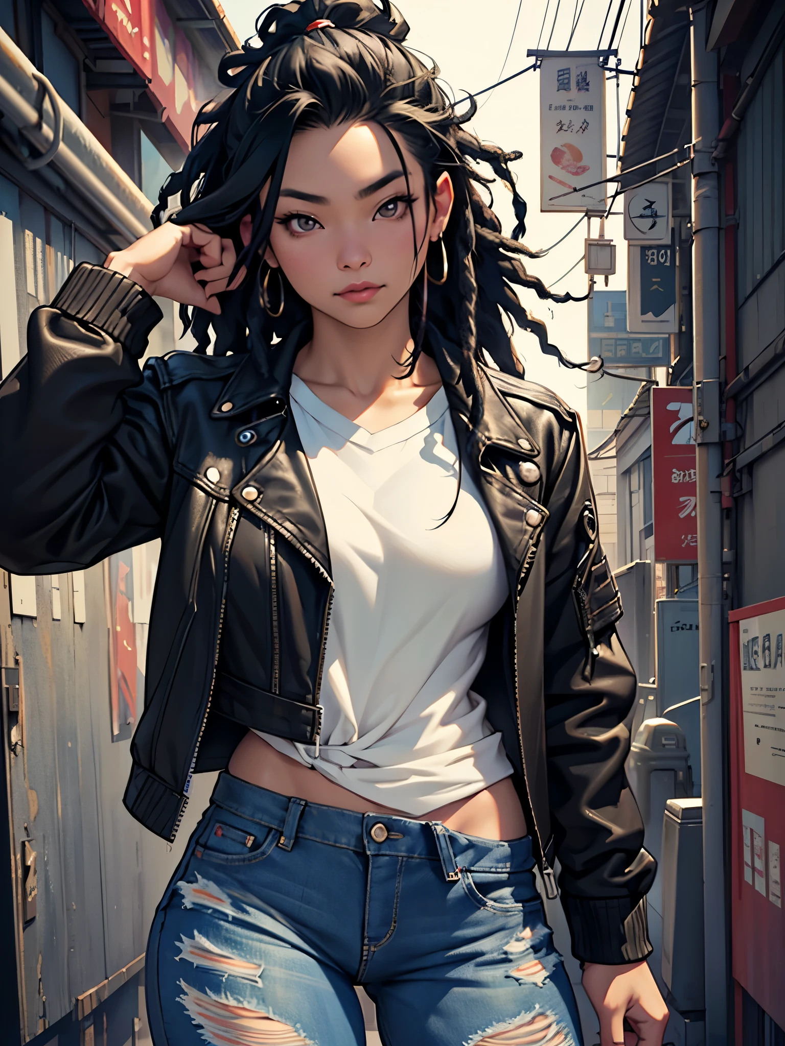 a beautiful asian-american woman with short black dreads,wearing black jean jacket and ripped jeans,detailed portrait,detailed skin,DD breasts,photorealistic,hyper detailed,masterpiece,award winning,cinematic lighting,dramatic shadows,vibrant colors,8k, ultra-detailed