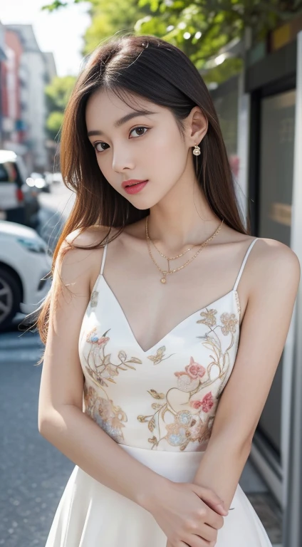 cute girl: Asian, So cute;
Year: 18〜20-year-old;
hair: Bronze Orange, Smooth, shimmering in the sunlight, detailed;
skin: Ivory White, Rosy and perfect;
eye: Jet Black, Almond-shaped, sexy, like々Shii, clear, super detailed, elegant, attractive, sharp makeup, Realistic, eyeを引く, eye contact;
eyelid: delicate, delicate, perfectly 美Shii;
eyebrow: Arched, sparse, sharp;
face: 美Shii, Pure, 妖精like, 優Shiiメイクで, Lovely, Perfect balance, 美Shii in every detail;
nose: cute, Lovely, expensive;
cheekbone: eye立つ;
lips: attractive, light red lipstick, Lovely lip gloss;
teeth: Shine, Pure white;
cute笑face, showing off bright white teeth;
body: likeさ溢れる;
accessories: necklace, Earrings, Jade Bracelet;
Costume: Silk Fabric, delicate, embroidered with flowers;
Fashion Style: expensive-end, Modern 2024, luxury;
Photo quality: Non-NSFW, 8K CG HD, sharp, super 美Shii graphics, Professional, detailed, Vibrant colors, super Smooth, Advanced Technology, True RAW;
Lighting: Complex color scheme, Golden black rays;
sunlight: Sparkling, illuminating the girl's body;
setting: Vibrant Street, 涼Shii緑の木々.
