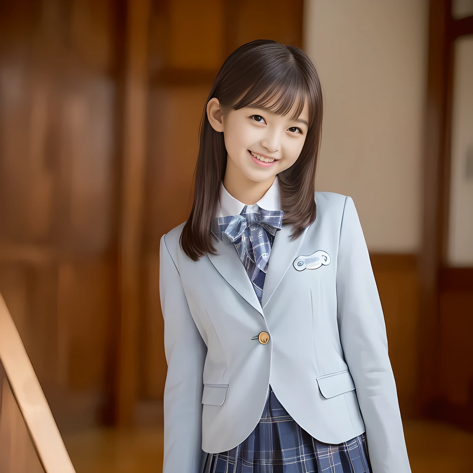 (Highest quality, masterpiece:1.2), Highest quality, High resolution, 1080P, 8k, height: 158cm, ((A noble, graceful and intelligent girl who looks like a best proportion Japanese young lady is turning around and giggling in a strong wind)), ((So sweet, very noble, neat, and pretty Japanese beautiful cute girl)), ((A real, very girly, sweet, cute and noble girl)), ((((A 14yo beautiful Japanese cute fashion model)))), ((((Very pure white face and limbs)))), Glossy Lips, (Evenly cut bangs), ((Very beautiful, droopy, cute, pure, noble brown eyes)), ((Super long, black straight hair that reaches the floor)), (Very shiny, glossy Lips), ((Beautiful straight hair like a school promotion model)), Watch at you, ((Incredibly well organized, Rich facial expressions)), ((Plump and beautiful white skin and face)), ((Pure, clear, gentle brown eyes)), ((staring at me)), Glossy Lips, ((noble and elegant)), Very beautiful blue skirt, ((Large upward-curving lips)), White Hand, ((((Navy Japanese school blazer with noble golden emblem)))), ((Navy and sapphire blue Japanese school uniform)), ((Light-blue tartan check pattern pleated long skirt)), ((Cobalt blue string chest ribbon)), ((((An ecstatic expression of boundless joy)))), ((plain white background: 1.0)), ((perfect fat body)), (((hair beauty magazine for young girls))), (Double eyelids, graceful noble eyes and faces with well balanced and carefully detailed:1.6)