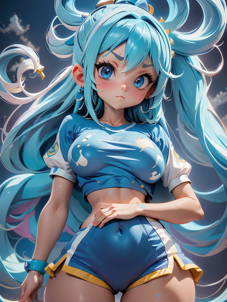 Aqua Konosuba, Beautiful,Blue buruma, sports shirts, White T-shirts, sports uniform,Best quality,whole body,cute face,detailed skin,detailed Beautiful face and eyes,1 girl,Times,thin waist,slim waist,good anatomy,long hair,blue hair