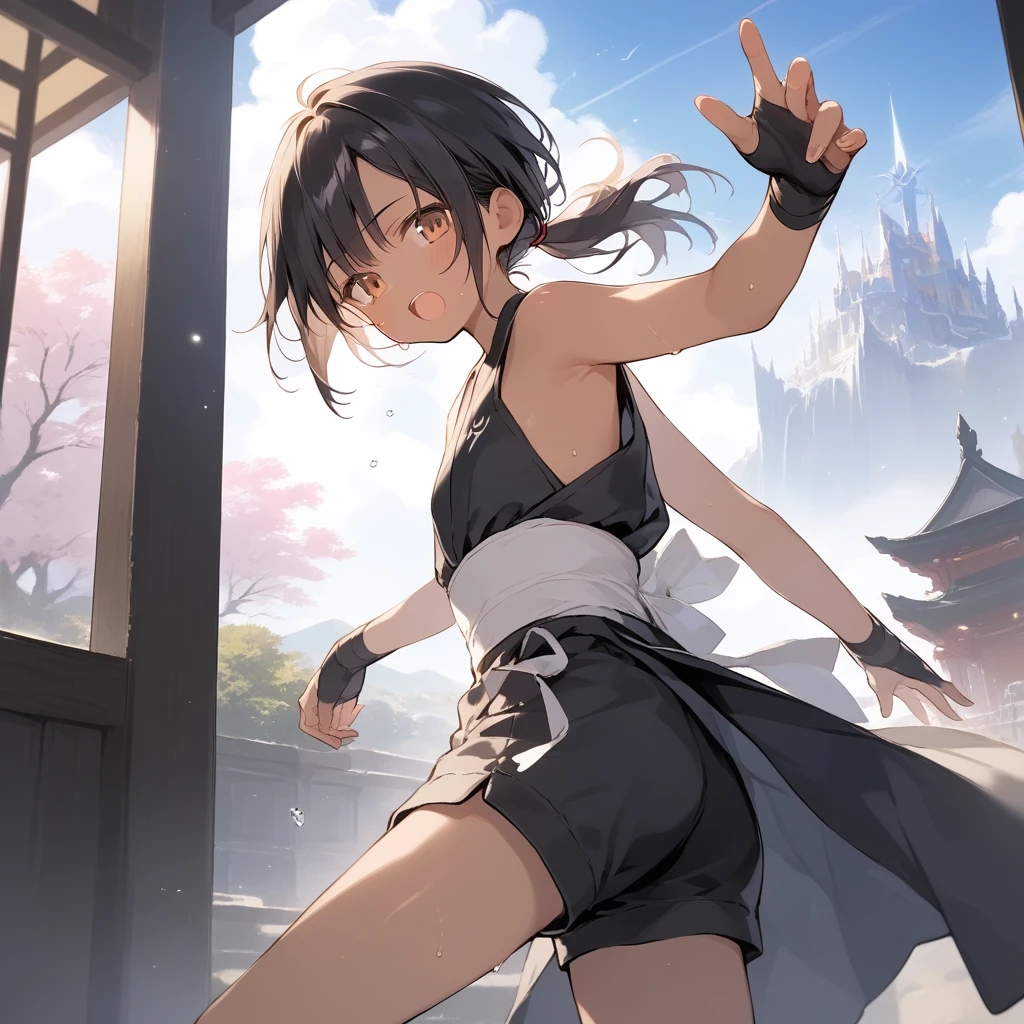 score_9, score_8_up, score_7_up, source_anime, best quality, masterpiece, official art, absurdres, highres, ultra-detailed,waifu2x,Collection: Slice of Life,break,1girl, tomboy, dark-skinned female, short hair, low ponytail, flat chest, beautiful detailed eyes, ninja, shorts, sweat, open mouth, (yawn:0.3), sleepily, outdoors, japanese castle, wind,break,(clear line illustration:1.2), super detailed skin,very high resolution, very aesthetic, Best sexual lighting powered by famous artist, 8k,cute picture,beauty illustration,photoshop_(medium),,(Detailed Lighting),best anime 8k konachan wallpaper, pixiv contest winner,