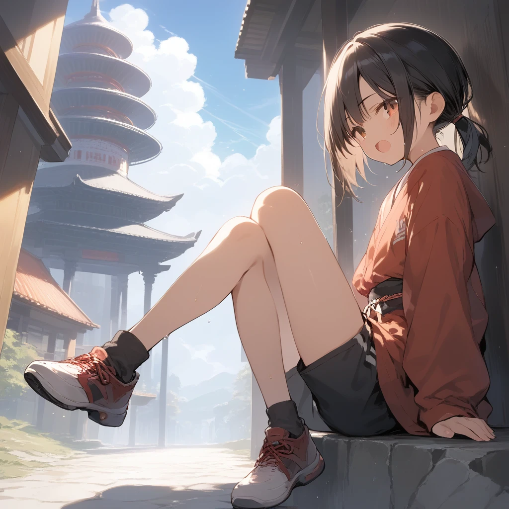 score_9, score_8_up, score_7_up, source_anime, best quality, masterpiece, official art, absurdres, highres, ultra-detailed,waifu2x,Collection: Slice of Life,break,1girl, tomboy, dark-skinned female, short hair, low ponytail, flat chest, beautiful detailed eyes, ninja, shorts, sweat, open mouth, (yawn:0.3), sleepily, outdoors, japanese castle, wind,break,(clear line illustration:1.2), super detailed skin,very high resolution, very aesthetic, Best sexual lighting powered by famous artist, 8k,cute picture,beauty illustration,photoshop_(medium),,(Detailed Lighting),best anime 8k konachan wallpaper, pixiv contest winner,