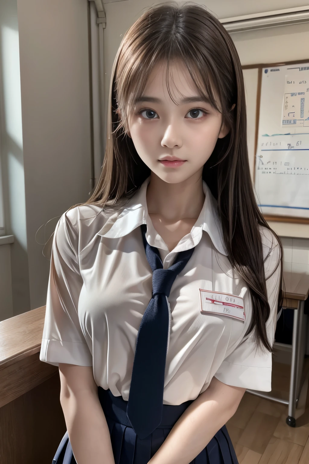 (Surreal), (8k), (Ultra high definition), (Very detailed), (Best Raw Photos:1.5), (Beautiful attention to detail), (Highest quality), (Very detailed), (masterpiece), (wallpaper), (Detailed face), Soft skin texture, Soft and sexy lips, alone, 1 girl, 1 hour drawing challenge, Chest, Wet sweat, (school uniform:1.3), Looking at the audience, Exquisite detail, Detailed face, Slightly flushed cheeks,Pure Erotic Face Ace_ v1,