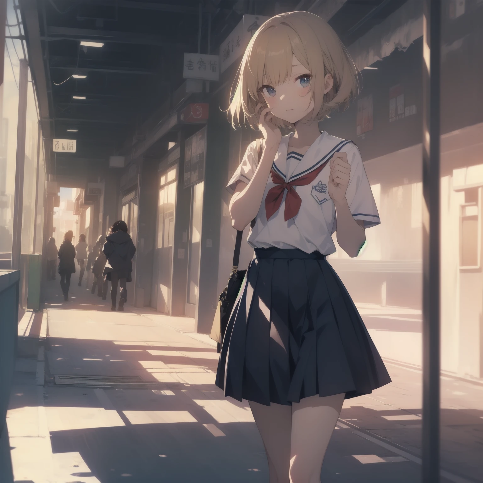 ultra-absurdres-Top quality by artist God, ultra-detailed, high resolution, anime moe artstyle, best anime 8k konachan wallpaper, pixiv contest winner, pool:2810, perfect anatomy,break, 1girl, (Please draw a girl walking sleepily to school alone. )break,(Solo,little female, 13-year-old:1.3),Full limbs, complete fingers,a junior high school student, (very short hair), short cut, flat chest, , small butt, small black eyes, beautiful detailed eyes, well-proportioned iris and pupils, expressive eyes, highres detailed hair, soft expression, salor school_uniform, sailor collar, serahuku, bow, pleated skirt,(Detailed Lighting), (Detailed background), in the School commute route. break,super detailed skin, Best cinematic lighting powered by famous artist, 8k,beauty illustration,photoshop_(medium),very aesthetic,break,((artist:minami_(colorful_palette) )), artist:clamp ,artist:carnelian ,artist:kantoku ,