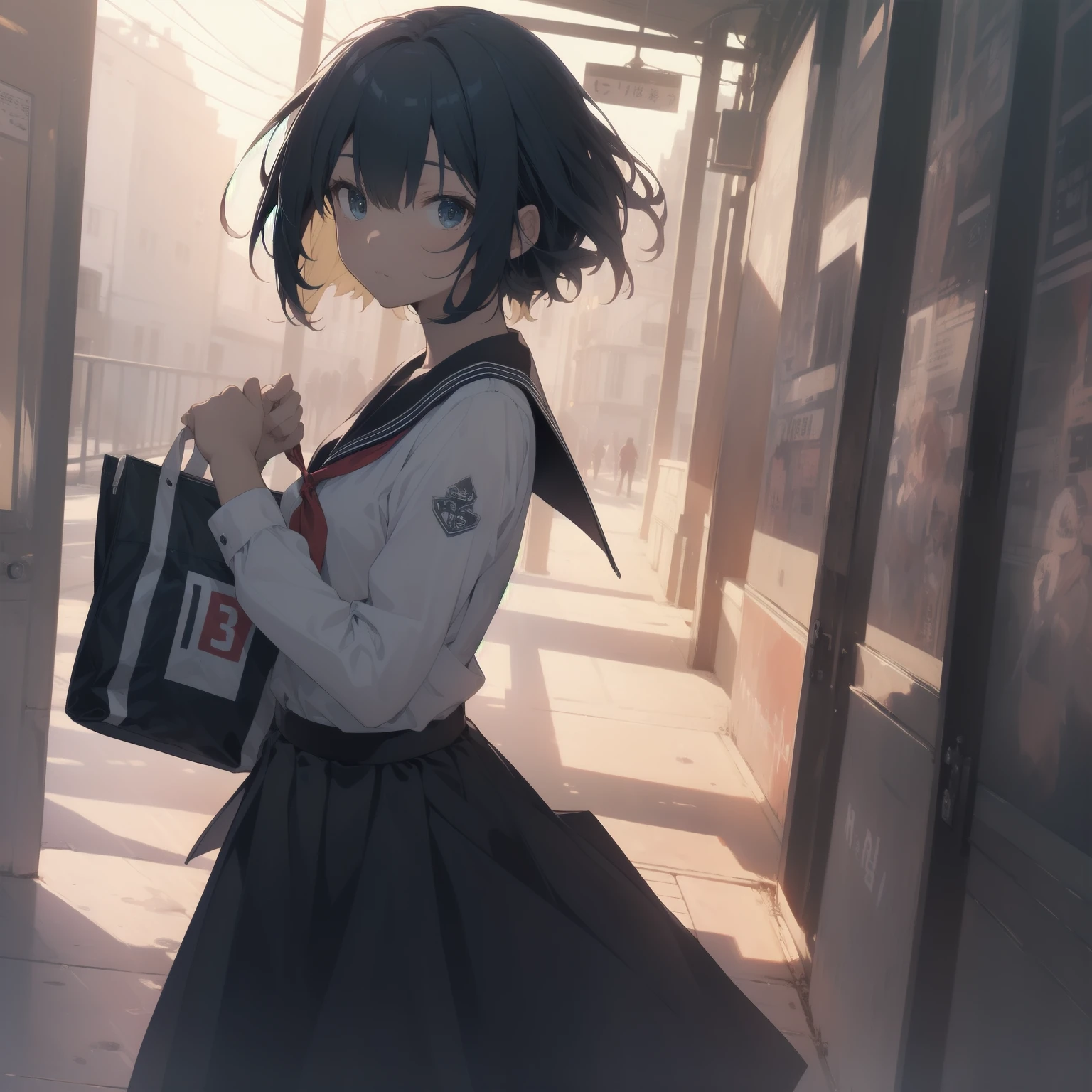 ultra-absurdres-Top quality by artist God, ultra-detailed, high resolution, anime moe artstyle, best anime 8k konachan wallpaper, pixiv contest winner, pool:2810, perfect anatomy,break, 1girl, (Please draw a girl walking sleepily to school alone. )break,(Solo,little female, 13-year-old:1.3),Full limbs, complete fingers,a junior high school student, (very short hair), short cut, flat chest, , small butt, small black eyes, beautiful detailed eyes, well-proportioned iris and pupils, expressive eyes, highres detailed hair, soft expression, salor school_uniform, sailor collar, serahuku, bow, pleated skirt,(Detailed Lighting), (Detailed background), in the School commute route. break,super detailed skin, Best cinematic lighting powered by famous artist, 8k,beauty illustration,photoshop_(medium),very aesthetic,break,((artist:minami_(colorful_palette) )), artist:clamp ,artist:carnelian ,artist:kantoku ,