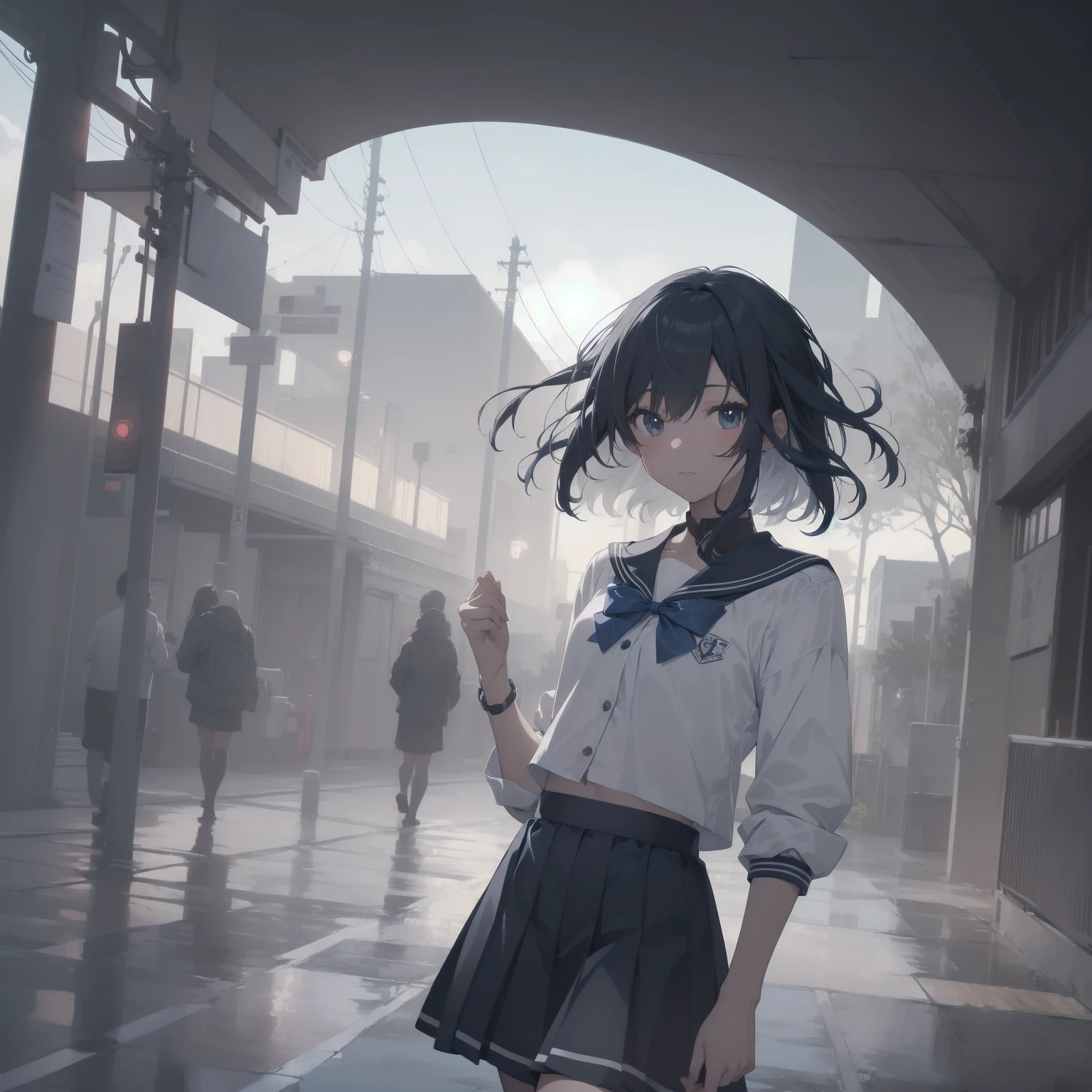 ultra-absurdres-Top quality by artist God, ultra-detailed, high resolution, anime moe artstyle, best anime 8k konachan wallpaper, pixiv contest winner, pool:2810, perfect anatomy,break, 1girl, (Please draw a girl walking sleepily to school alone. )break,(Solo,little female, 13-year-old:1.3),Full limbs, complete fingers,a junior high school student, (very short hair), short cut, flat chest, , small butt, small black eyes, beautiful detailed eyes, well-proportioned iris and pupils, expressive eyes, highres detailed hair, soft expression, salor school_uniform, sailor collar, serahuku, bow, pleated skirt,(Detailed Lighting), (Detailed background), in the School commute route. break,super detailed skin, Best cinematic lighting powered by famous artist, 8k,beauty illustration,photoshop_(medium),very aesthetic,break,((artist:minami_(colorful_palette) )), artist:clamp ,artist:carnelian ,artist:kantoku ,