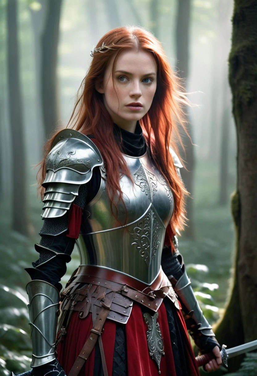 Photorealistic portrait of a beautiful female knight in red and black armor, standing in a misty enchanted forest, upper body shot, long flowing red hair, piercing gaze, determined expression, intricate armor details, decorative sword hilt, soft dappled light filtering through ancient trees, ethereal wind fairies dancing around the knight, leaving trails of light, glimpse of ancient ruins in the background, mystical atmosphere, high detail, sharp focus, cinematic lighting, 8k resolution