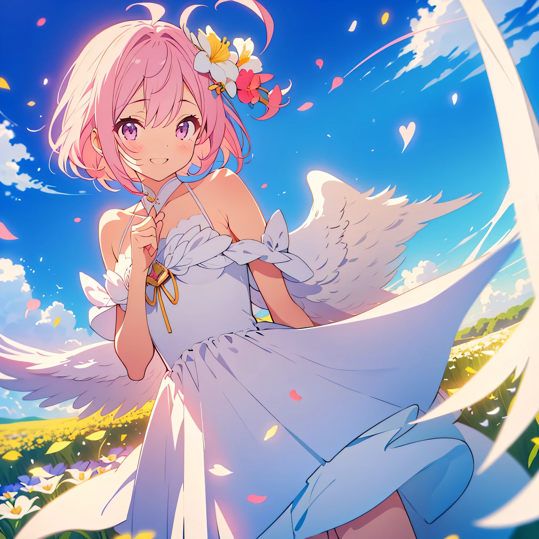 kawaii, anime, Cute, hyper quality, highly detailed, 8k, Clarity, Girl with bright pink smooth short hair, Hold cupid's bow, Detailed facial expressions, lily flower field, Close your eyes and smile, pure, kindness, trust, heart effect, angel wings on the back, heaven, draw a bow, happiness, feeling of happiness, magic effect, angel wings dance, rainbow color effect, iris effect, light atmosphere, sky temple, take off and float in the air, Halo, iris arc, Expanding perspective, Hold a heart-shaped pink bow and a magic arrow, A pose where you close your legs and jump to shoot an arrow., white lily garden, lily petals dance, heart bow and magic arrow, celestial maiden costume,
