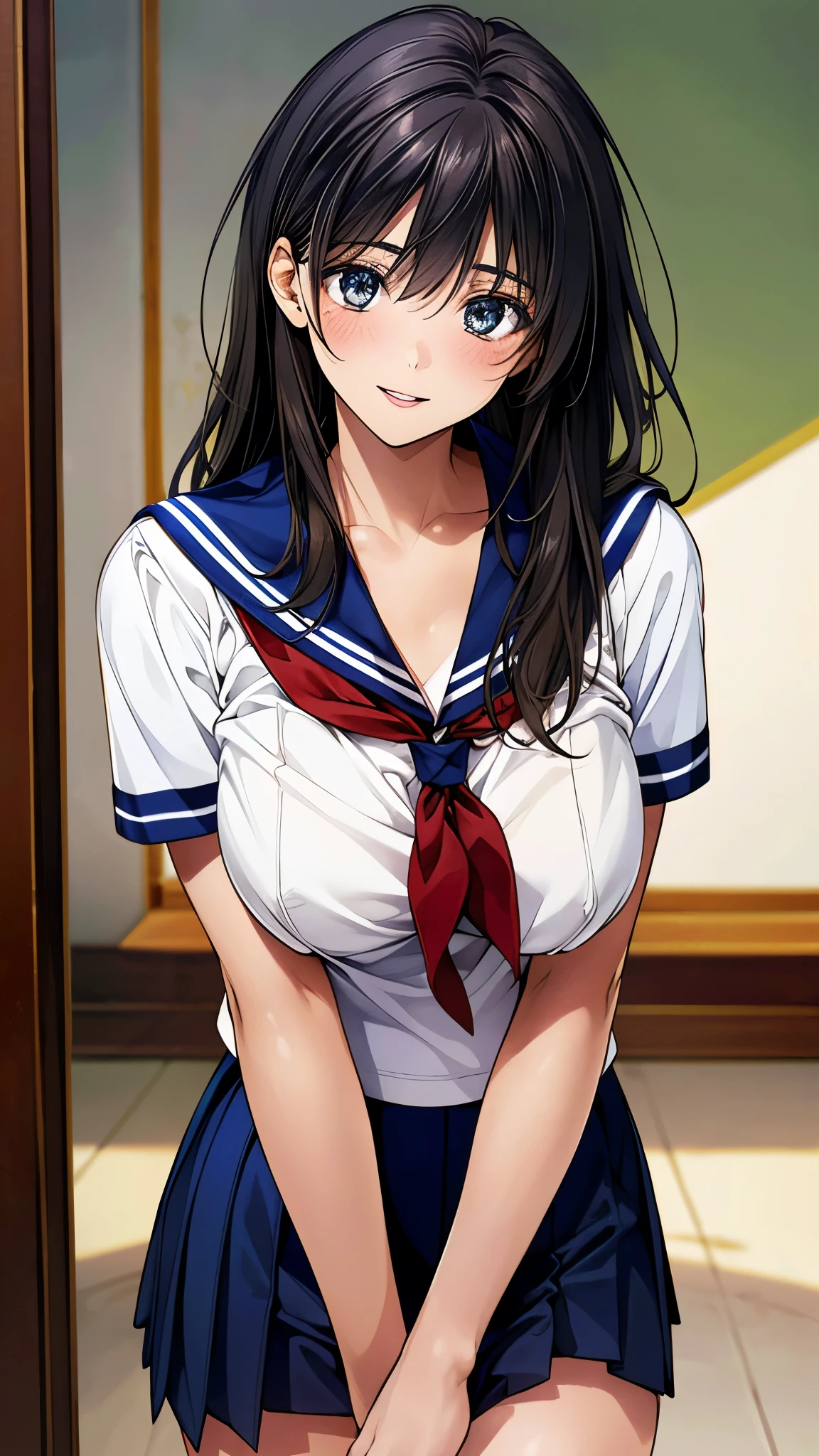 (masterpiece:1.2, top-quality, ultra high res, ultra detailed), (realistic, photorealistic:1.2), beautiful illustration, perfect lighting, natural lighting, colorful, depth of fields, nsfw, vulgality,
beautiful detailed hair, extremely detailed face, beautiful detailed eyes, beautiful clavicle, beautiful body, beautiful chest, beautiful thigh, beautiful legs, beautiful fingers,
looking at viewer, 1 girl, kitamurakaori, (perfect anatomy, anatomically correct, super detailed skin), cute and symmetrical face,
perfect face, perfect eyes, perfect body, perfect fingers, (skindentation), white skin, shiny skin,
(long hair, straight hair, messy hair:0.6, black hair), swept bangs, blue eyes, drooping eyes, long eyelashes, (large breasts, large hip, seductive thighs), slender, outstanding style,
(detailed cloth texture), short sleeve, blue sailor suit, pleated skirt, red sailor scarf, school bug,
(beautiful scenery), evening, (room:1.2), standing, (smile, parted lips),