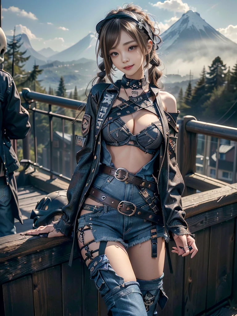 (Beautiful lips and nose:1.4)、(Long eyelashes:1.4)、(Smiling with teeth showing:1.3),(Shibuya Gal:1.5)、(Gothic ta delicately decorated dress:1.5)、(Tattered denim and black punk rock cargo pants:1.5)、(Denim and black navy skull mark small jacket:1.4)、(denim garter belt:1.5)、(Black and denim knee socks:1.3)、(Skull Silver Accessories:1.5)、(Denim collar:1.3)、(Brown Skin Belt:1.4)、(Brown boots:1.2)、(The underwear is striped:1.4)、31 years old、((Highest quality、In 8K、masterpiece:1.3))、Sharp focus:1.2、(Layered Cut、Huge boobs:1.1),Beautiful woman with perfect figure:1.4、(Dancing vigorously:1.3)、Slender Abs:1.2、Highly detailed face and skin texture、Detailed eyes、double eyelid,(Twin tails:1.3)、(Brown-golden hair:1.3)、Gravure idol、(The background is a vast mountain with a clear view々Beautiful luxury resort destination in Europe:1.3)、(Slim Body:1.2),(Make your legs thinner:1.4),(clavicle:1.1)