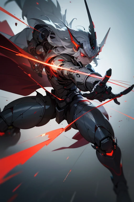 a young boy with silver hair and red eyes, 7 , cyborg, helmet modeled after a dragon, dynamic movement, cannon gun on right hand, (best quality,4K,8k,highres,masterpiece:1.2),ultra-detailed,(realistic,photorealistic,photo-realistic:1.37),highly detailed cyborg, intricate mechanical details, dramatic lighting, cinematic composition, dynamic action pose, Vibrant colors Red lightning is bursting from the whole body.