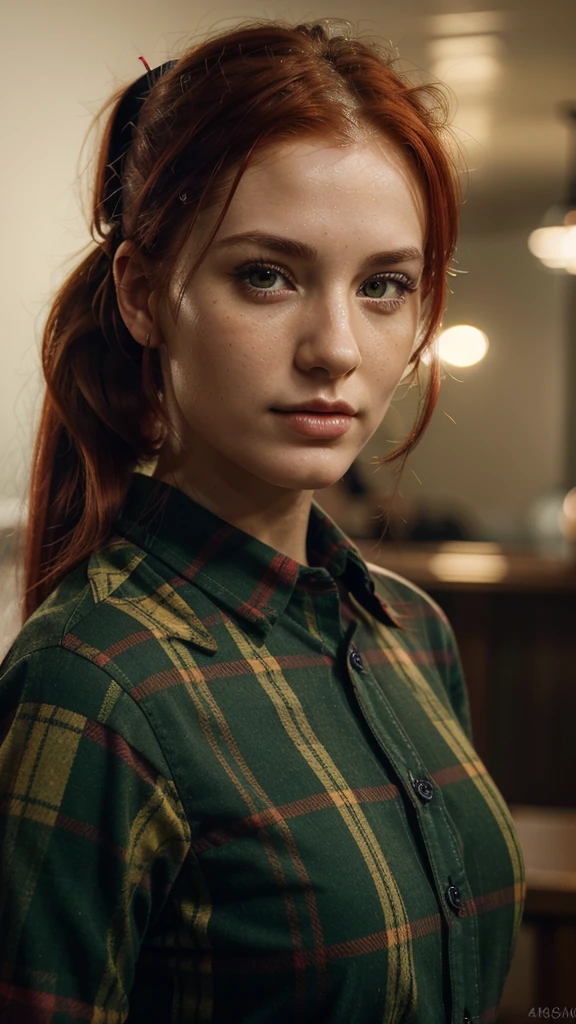 One gorgeous European woman, 25 years old, red hair in a short ponytail, natural leaf-green eyes, detailed skin, dressed in a red and black plaid shirt, raw foto, portrait, best quality, soft lighting, realistic, hyper realistic foto, detailed cute face, beautiful facial features, attractive face, cinematic foto, 4k, hdr