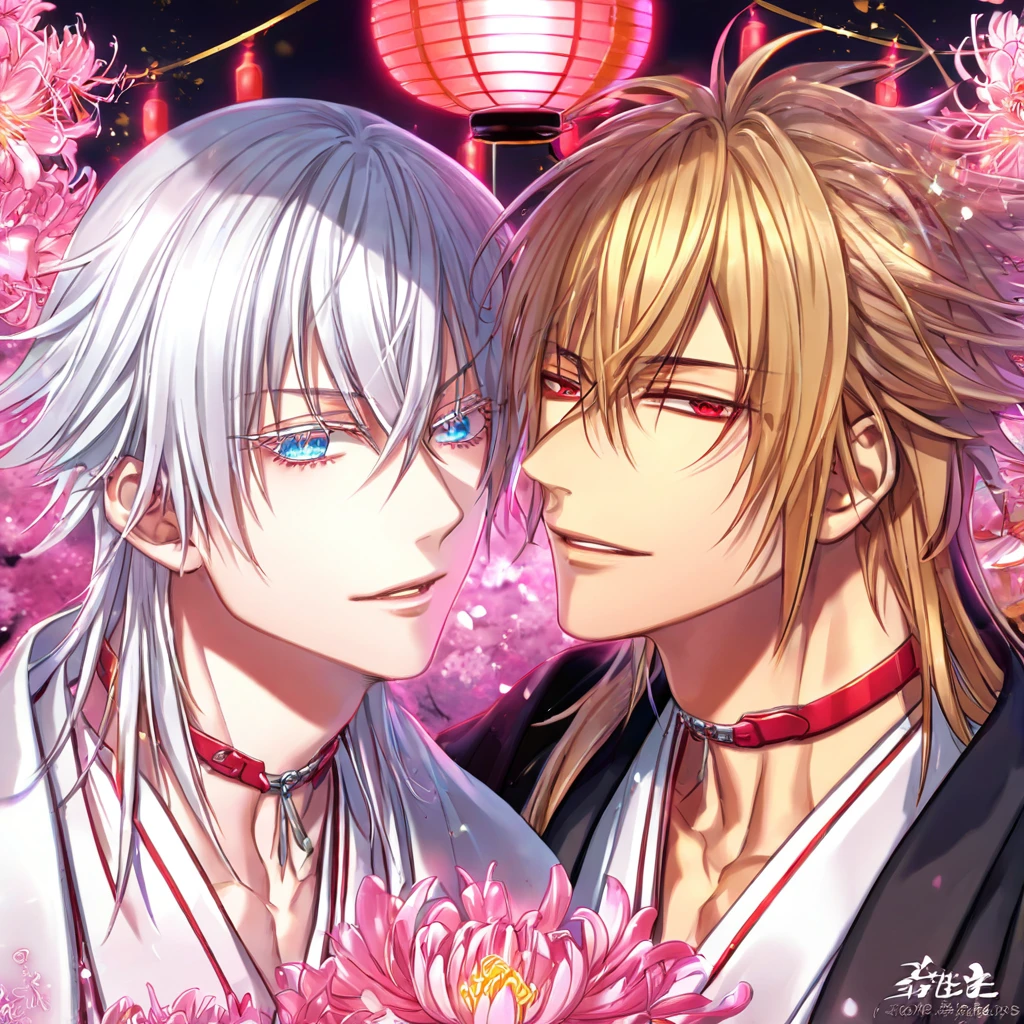 absurd resolution, high resolution, ultra detailed, detailed eyes, extremely detailed, HDR, 8K, Kazama Chikage, honey blonde hair, expressive red eyes, Hakuouki, Tsurumaru Tenka, white hair, expressive blue eyes, white eyelashes, two sexy men together, yaoi, gay couple, handsome, black haori, white kimono, red collar, fantasy, cool, magical, pink glittering butterflies, pink dust flying around, pink spider lilies, pink petals, pink lanterns, Japanese ambiance, cherry blossoms