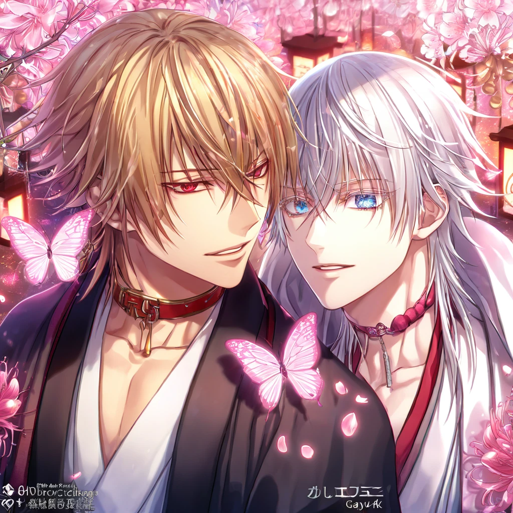 absurd resolution, high resolution, ultra detailed, detailed eyes, extremely detailed, HDR, 8K, Kazama Chikage, honey blonde hair, expressive red eyes, Hakuouki, Tsurumaru Tenka, white hair, expressive blue eyes, white eyelashes, two sexy men together, yaoi, gay couple, handsome, black haori, white kimono, red collar, fantasy, cool, magical, pink glittering butterflies, pink dust flying around, pink spider lilies, pink petals, pink lanterns, Japanese ambiance, cherry blossoms