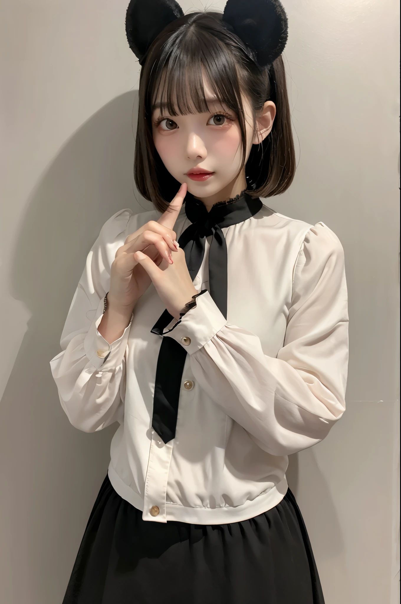 Highest quality、masterpiece、Black mask,pink shirt,cosplay, jirai kei, bangs, black skirt, black bow, looking at viewer, bow, long sleeves, choker, ribbon,pink lips