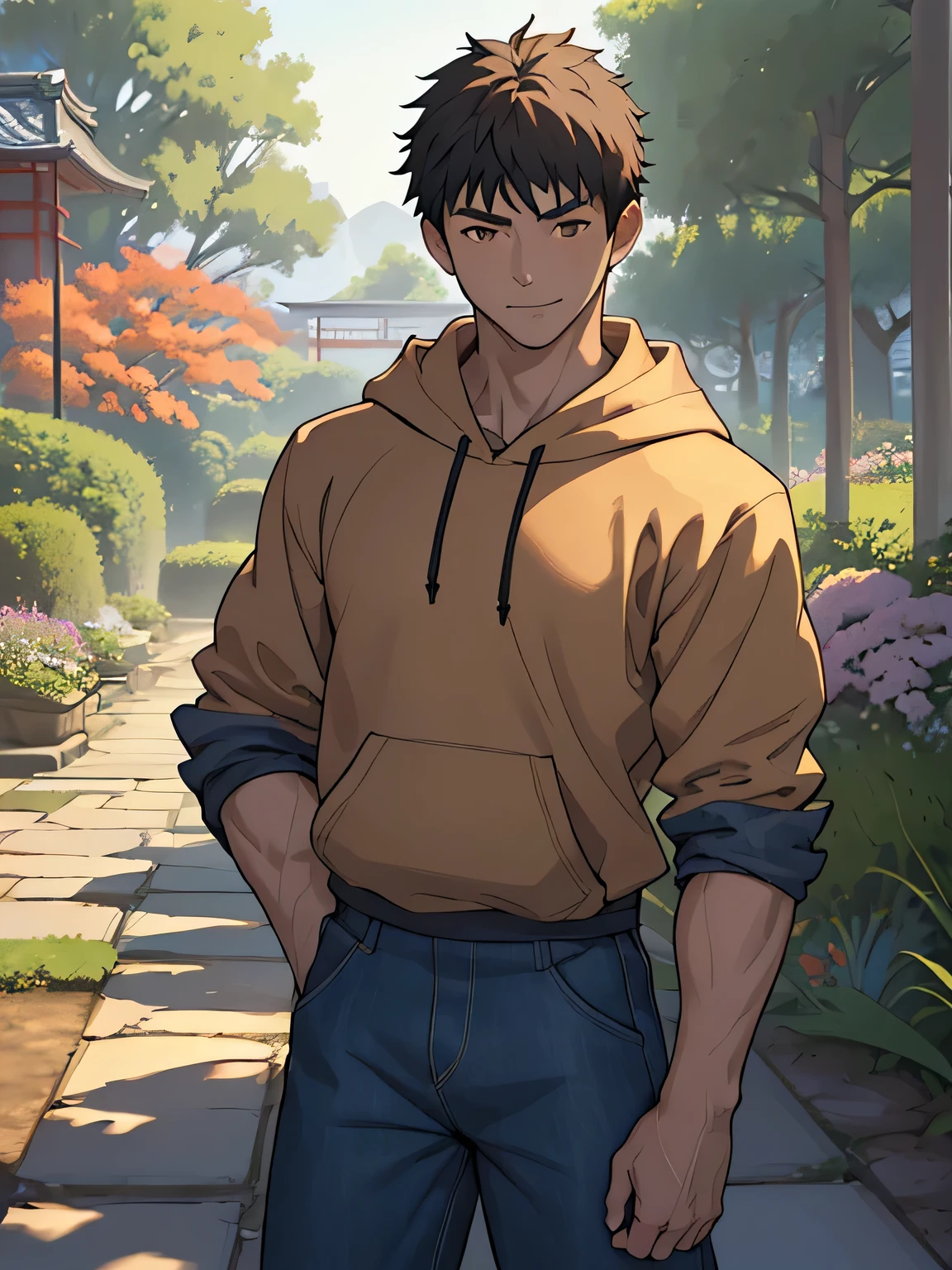 ((masterpiece)), ((best quality)), (ultra-detailed), (((((Garden of Japan house, Not in the shade, Landscape, cowboy shot))))), (8k, ultra-detailed, 1boy, solo,  boy, worm eyes, Natural smile), Young boy, ((((Height: 168cm, 6.5 heads, baby face, face, ruddy skin, Toned body)))), (Black Short straight hair, brown eyes), Vivid colors, ((A loose fitting plain hoodie, The sleeves reach to the elbows), Denim trousers)