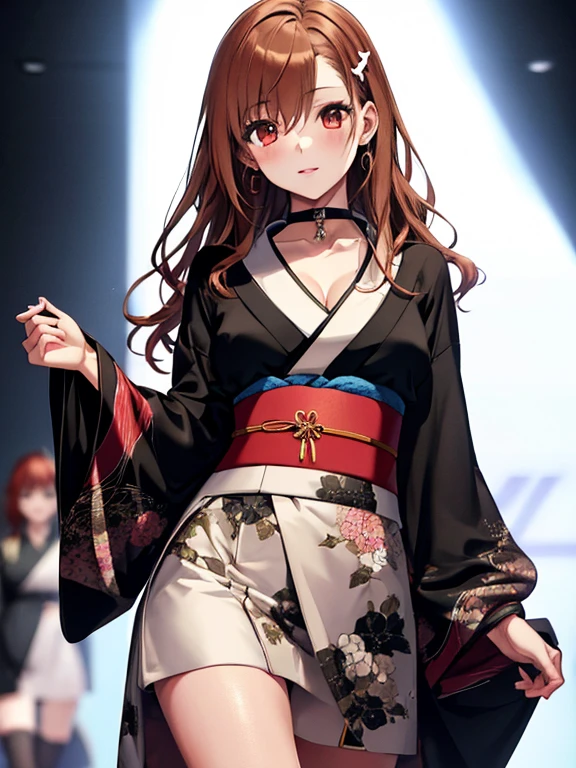 Long-sleeved kimono, Runway, Fashion Model, Misaka Mikoto, 1girl, black choker, uhd, retina, masterpiece, ccurate, anatomically correct, textured skin, super detail, high details, high quality, best quality, highres, 4K