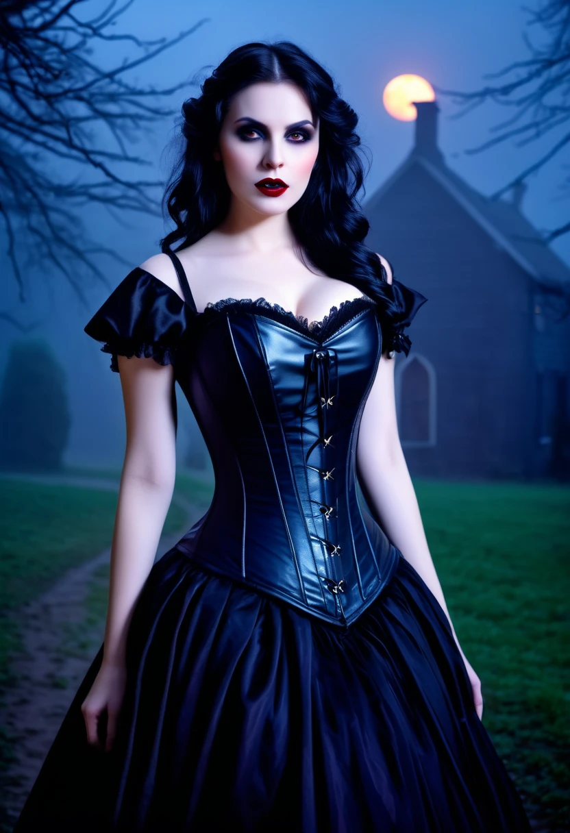 award winning RAW color photo of victorian era vampire cherrynobodysd15+ wearing black dress leather corset, dark foggy village, night ominous dark foreboding, mist, moonrays, vivid alluring eyes, pale skin, (black hair)+, shallow depth of field, high contrast, backlighting, bloom, chromatic aberration, smooth, sharp focus, taken on a mirrorless camera