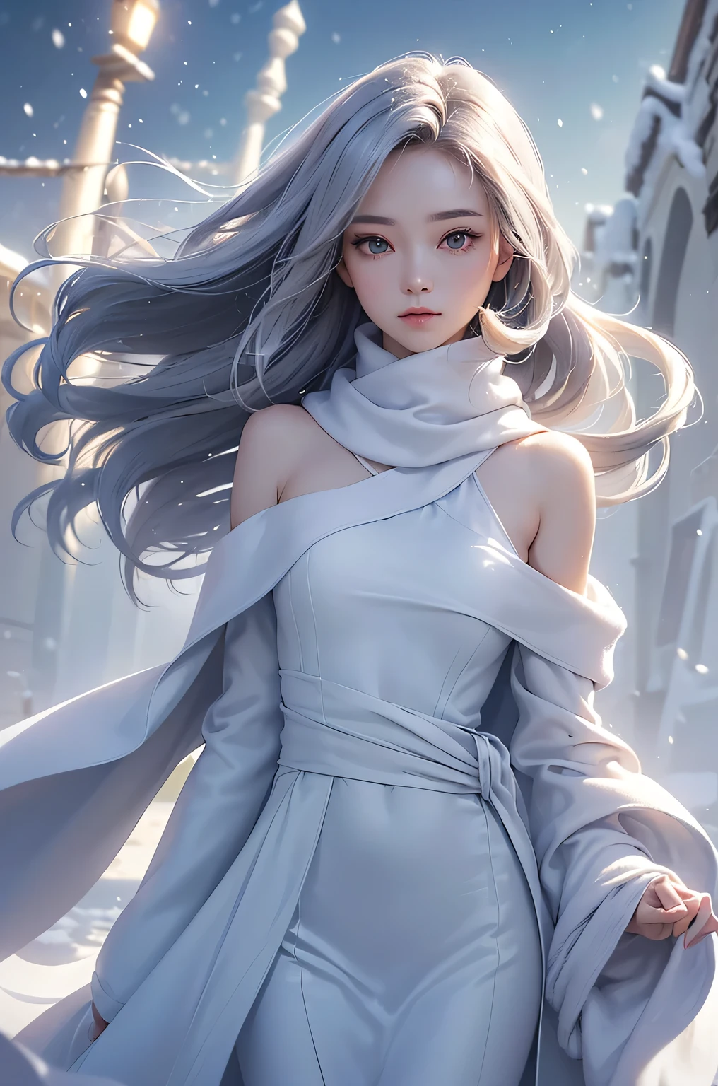 ((masterpiece:1.5、8k、Portraiture、Photorealistic and very detailed CG、Very detailed、Particle Effects、Dynamic Effects、Shallow depth of field、Cinematic Light、Lens flare、Ray Tracing、Tabletop、Realistic:1.4、Ultra-high resolution:1.2、Realistic、Realistic))((alone、,A woman wearing a cashmere coat over an off-the-shoulder dress:1.4、wear a long scarf、Elegant woman posing、Detailed face、brightexpression、young, bright, Whiter skin、Ample breasts、Best Looks、Ultimate beauty、Shiny silver hair with highlights、bright and shiny hair,、Super long, Silky straight hair、Hair dancing in the wind))(morning、The setting is outdoors in the snow、Surrounded by illuminations)

