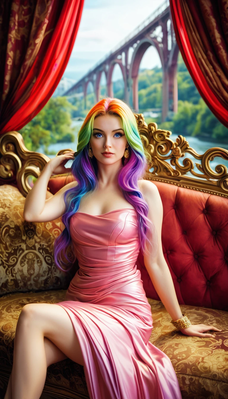 fullbody, (Fashion Model), pov, straight-on, Under the lighting of the studio, a delicate portrait of a woman stands out in front of me. She has dreamy and colorful hair, agile and profound eyes, sitting on a retro style leather sofa surrounded by carefully arranged props and background cloth. Her face is elegant and three-dimensional, her figure is natural, and her eyes look into the distance, full of artistic and mysterious feelings, as if it is a profound interpretation of beauty, life, and soul,photography studio, female portrait, colorful hair, vivid eyes, retro style, leather sofa, props, background cloth, purple, blue, orange, pink, gold, silky, flexible, iris, lashes, curved, lips, red, full, upturned corners, nose, bridge, elegant, natural, gaze, distant, artistic, mysterious, beauty, life, soul