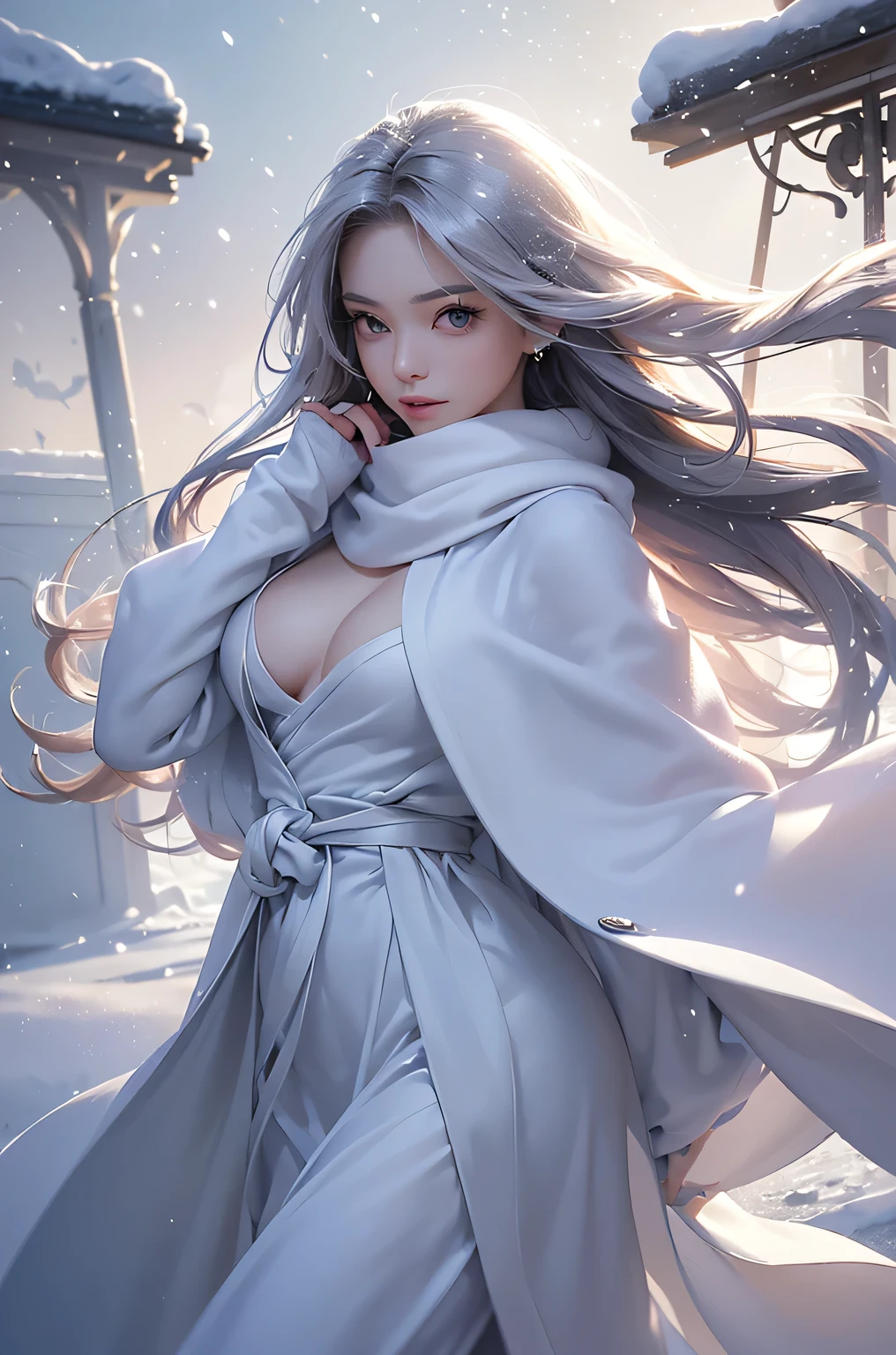((masterpiece:1.5、8k、Portraiture、Photorealistic and very detailed CG、Very detailed、Particle Effects、Dynamic Effects、Shallow depth of field、Cinematic Light、Lens flare、Ray Tracing、Tabletop、Realistic:1.4、Ultra-high resolution:1.2、Realistic、Realistic))((alone、,A woman wearing a cashmere coat over an off-the-shoulder dress:1.4、wear a long scarf、Elegant woman posing、Detailed face、brightexpression、young, bright, Whiter skin、Ample breasts、Best Looks、Ultimate beauty、Shiny silver hair with highlights、bright and shiny hair,、Super long, Silky straight hair、Hair dancing in the wind))(morning、The setting is outdoors in the snow、Surrounded by illuminations)