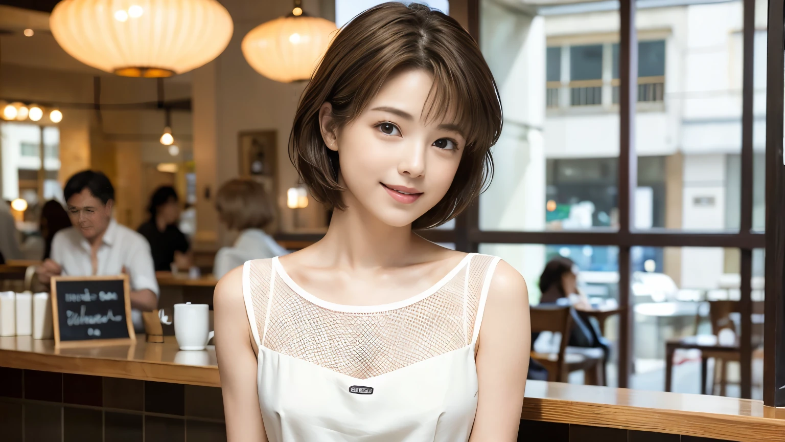 super high quality, smile, Slenderのネックレス, Slender, Gravure photoshoot, The staff is working at the counter in the back., (8k、RAW Photos、Highest quality、masterpiece:1.2), Japanese Idol, Stylish café, Fashion magazine photoshoot, (Realistic、Photorealistic:1.37), Mesh Hair, Urban Cafe, Golden Ratio, Raw photo, Cute face , Light Brown Hair, Small breasts, Bright cafe interior, Blurred Background, Beauty salon model, Summer clothes, Cafe Terrace, Open Cafe, Photographed inside the cafe, Hair blowing in the wind, Neat clothes, boyish, Very Short Hair, 18-year-old, Stylish clothes, 
