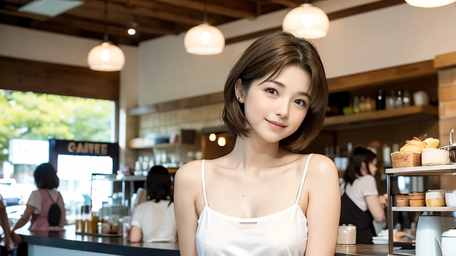 super high quality, smile, Slenderのネックレス, Slender, Cafes in New York, Gravure photoshoot, The staff is working at the counter in the back., (8k、RAW Photos、Highest quality、masterpiece:1.2), Japanese Idol, Fashion magazine photoshoot, (Realistic、Photorealistic:1.37), Mesh Hair, Urban Cafe, Golden Ratio, Raw photo, Cute face , Light Brown Hair, Small breasts, Bright cafe interior, Blurred Background, Beauty salon model, Summer clothes, Photographed inside the cafe, Hair blowing in the wind, Neat clothes, boyish, Very Short Hair, 18-year-old, Stylish clothes, 
