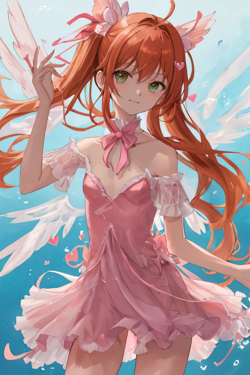 1_girl, (anime, kawai:2), (masterpeice, best_quality, simple, cute, dreamy, vibrant, clean:1.8), (cute, cute_smile, young:1.6), (delicate, beautiful, thin:1.5), (girlfriend, angel:1.8), (green_eyes, simple_eyes:2) (long_hair, blond_hair, wearing_pink_dress, pink_angel_wings, gloves:1.8), extremely_delicate, (love_magic:1.5), (age_size_fits_body), (small_thighs, thin:1.8), (breasts), (eye_level:1.3), (heart_magic, love:1.5), (dancer:1.5)