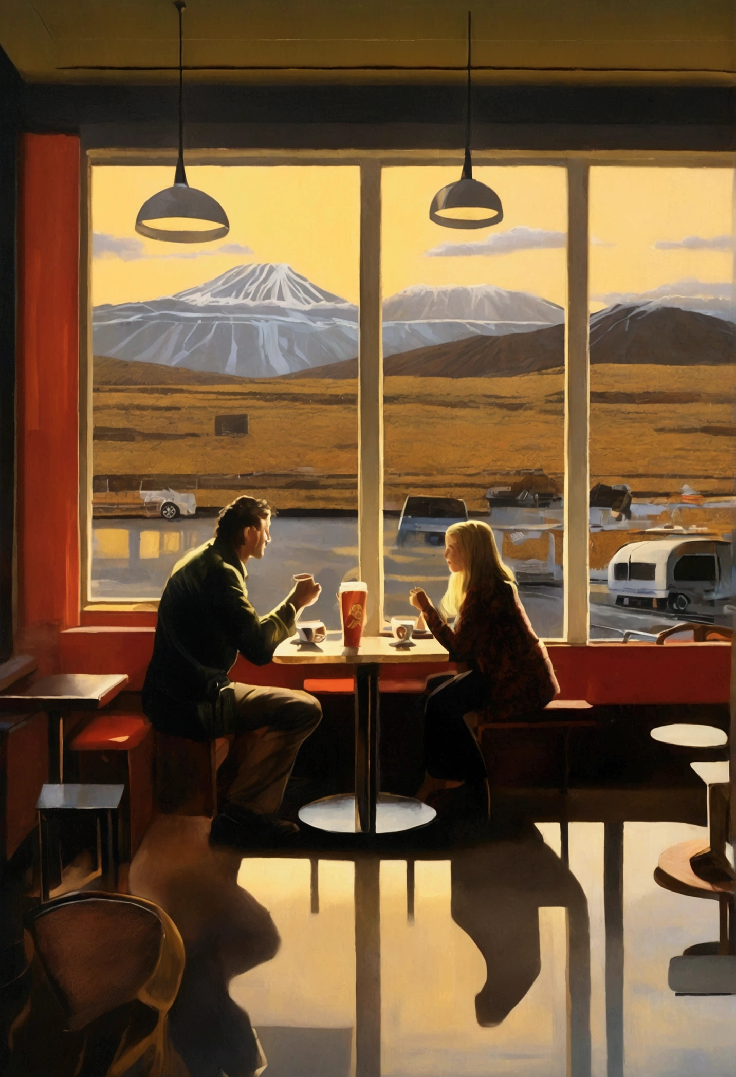 photorealism, a photograph of a man and a woman in an Icelandic cafe, cups of coffee, a cheeseburger, many other details filling the space around, against the backdrop of a window with a beautiful modern finish in which a volcano is flooded with evening light, reflections of lights, a masterpiece in the style of Diane Arbus