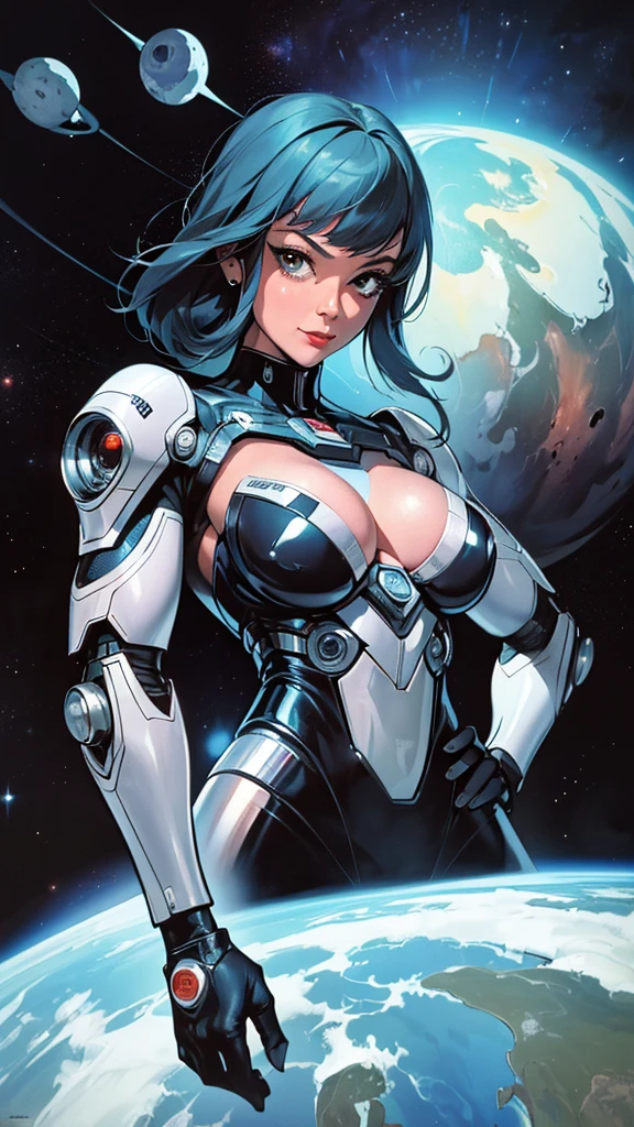 ((masterpiece, Highest quality)), 32K Wallpapers, Very detailed, posters, Vintage science fiction, 1960s,(((space thriller cinematic movie posters))), (Bauhaus), shape,Abstract, Midcentury Modern, movie posters, Vintage, A woman fused with a robot,アニメ,1970s,Halftone,Speech bubble,Milky Way,(superhero),((portfolio,close)),Cyborg of the Future,Combination of machine and woman,Space,Cyborg Lady,Big Breasts,Erect nipples,