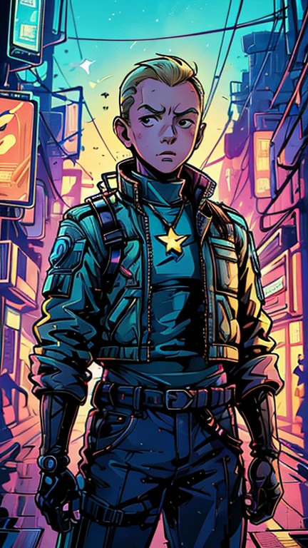 (Teens:1boy: Tintin, Cyberpunk), (extremely detailed CG unit 8k wallpaper),(master part), (best quality), (ultra detali), (best illustration),(melhor ombre), cowboy shot, (Sharp eyeliner, ombre, detailedeyes:1), Dark, midnight, Neon lights, cyberpunk background, ,break , (star15escola:1.2), upper body,short hair, blonde hair, 1man, Tintin,1boy, blue top, brown pant