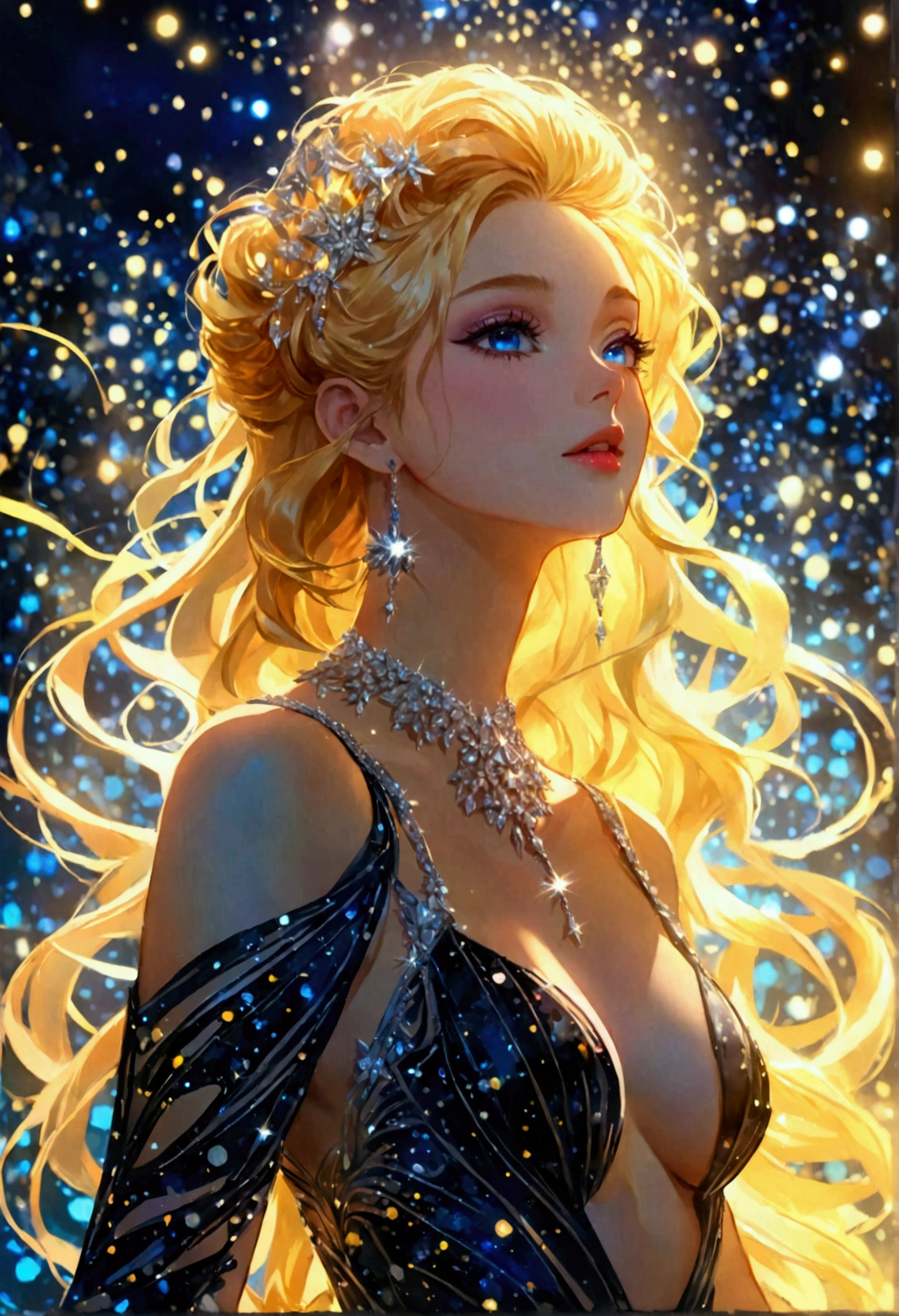 a glamour picture shot, of an elite model covered in stars, walking on a dark catwalk, an extraordinary glamourous elite female model, ((full body: 1.5)),  ((anatomically correct: 1.5), (ultra detailed face: 1.2), best detailed face, yrllow hair, long hair, lush hair, glam hair cut, blue eyes, delicate face, light make up, wearing intricate detailed dress, glamour dress, haute couture dress, elite fashion dress, black as night dress, decorated with bright stars, starlight,  small cleavage, wearing high heels, elegant high heels, she wears diamond necklace, she is glows in a soft starry light, she walks on asteroid catwalk, elite fashion show background, vibrant, Hyperrealism style, vibrant, Ultra-high resolution, High Contrast, (masterpiece:1.5), highest quality, Best aesthetics), best details, best quality, highres, ultra wide angle, 16k, [ultra detailed], masterpiece, best quality, (extremely detailed) RAW, chumbasket art style, photograph, photograph