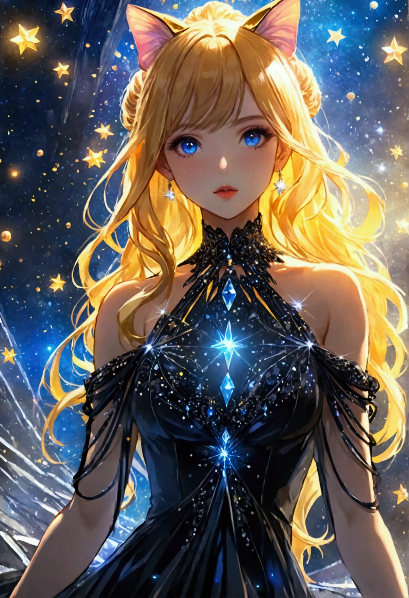 a glamour picture shot, of an elite model covered in stars, walking on a dark catwalk, an extraordinary glamourous elite female model, ((full body: 1.5)),  ((anatomically correct: 1.5), (ultra detailed face: 1.2), best detailed face, yrllow hair, long hair, lush hair, glam hair cut, blue eyes, delicate face, light make up, wearing intricate detailed dress, glamour dress, haute couture dress, elite fashion dress, black as night dress, decorated with bright stars, starlight,  small cleavage, wearing high heels, elegant high heels, she wears diamond necklace, she is glows in a soft starry light, she walks on asteroid catwalk, elite fashion show background, vibrant, Hyperrealism style, vibrant, Ultra-high resolution, High Contrast, (masterpiece:1.5), highest quality, Best aesthetics), best details, best quality, highres, ultra wide angle, 16k, [ultra detailed], masterpiece, best quality, (extremely detailed) RAW, chumbasket art style, photograph, photograph