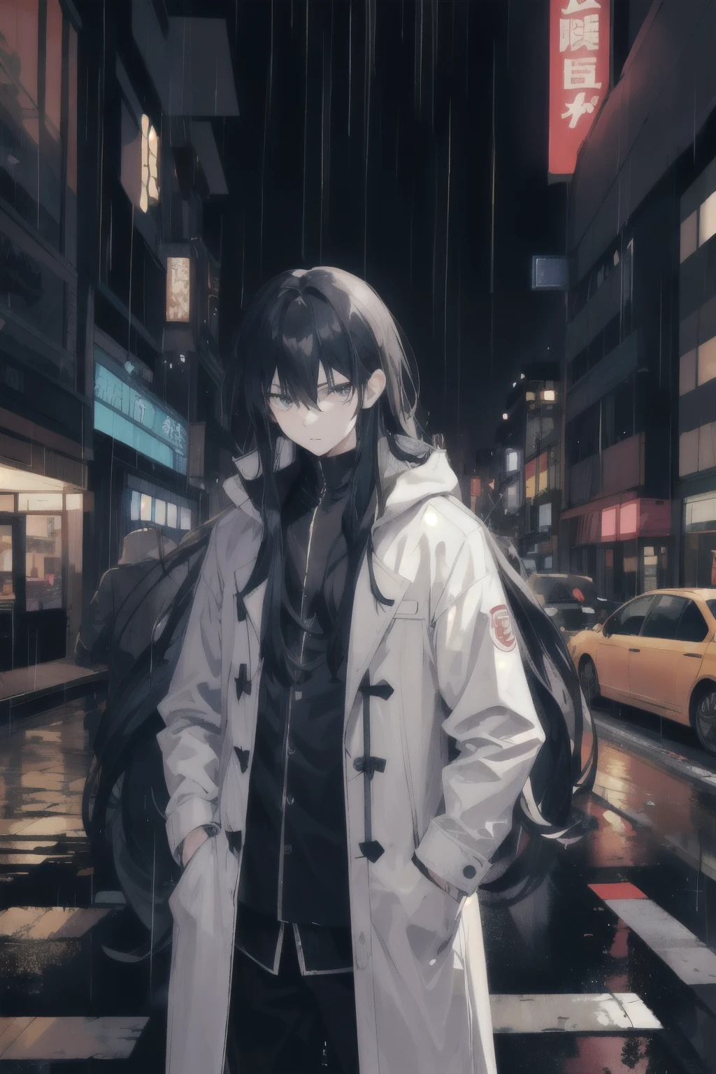 1 Boy,long hair,of the night city,rain,coat,Hands in pockets,Always very lazy,world-weariness