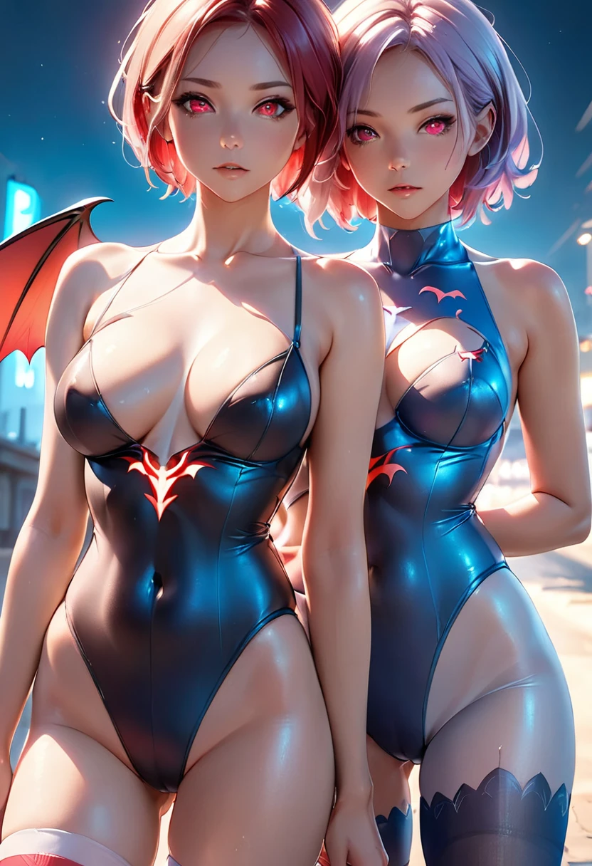 ((Lilith Aensland)) together, Bright lilac short hair, Glowing red eyes, Red bat wings on the back, Red bat wings on head, Black Swimsuit, Light blue tight pants with a blue bat symbol silhouette print, Red Ankle Boots, Shadow Neon Lighting, Warm lighting, At night, Realistic style. Backlight,Shiny Hair,Shiny Skin,Glamorous Body,Realistic Flesh,Dynamic Angle、